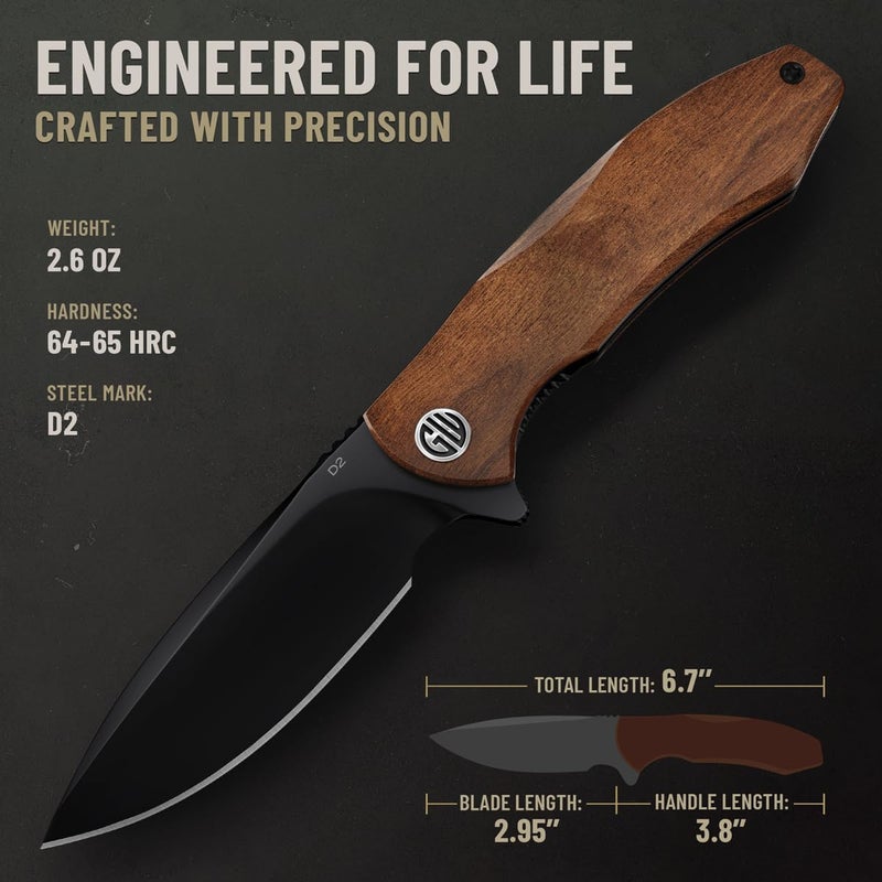 GOOD WORKER Legal Pocket Knife - 2.95" D2 Steel Sharp Blade - Dark Guibourtia Wood Handle, Ball Bearing Pivot- Folding Knives with Pocket Clip - Perfect for EDC, Camping, Survival - Gifts for Men - 6700 V - Image 2